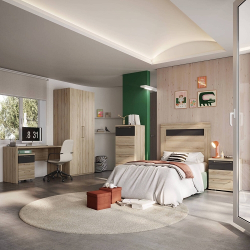 Composición de Dormitorio Juvenil Acabado Roble Natural/Ébano KRONOS 5 N 821