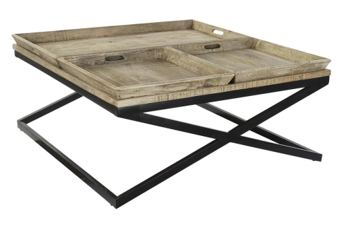 Mesa de Centro Madera con Patas de Metal y 3 Bandejas MB-189851