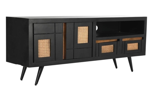 Mueble de TV Estructura de Madera de Mango y Ratán Negro MB-194539