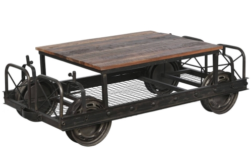 Mesa de Centro Industrial de Metal Negro con Tablero de Madera MB-208382