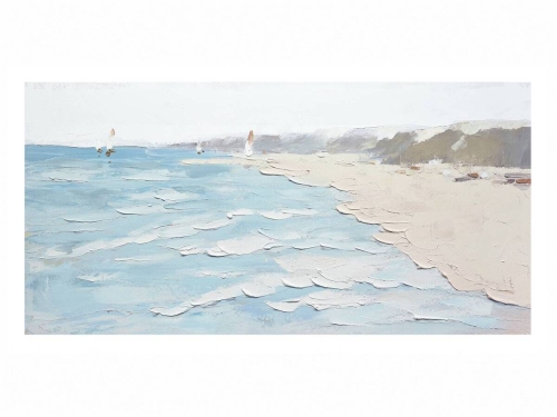 Óleo Abstracto Paisaje Marino 140x70 cm en Tonos Azules y Tierra 81-525