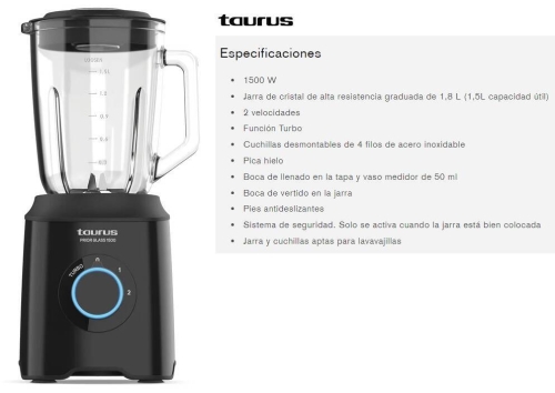Batidora Taurus Prior Glass 1500W vaso cristal 1.5L pica hielo 912475000