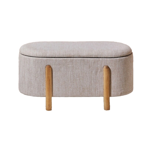 Taburete Descalzador para Pie de Cama Tapizado en Tela Beige con Patas de Madera Natural MASKINI 33-619