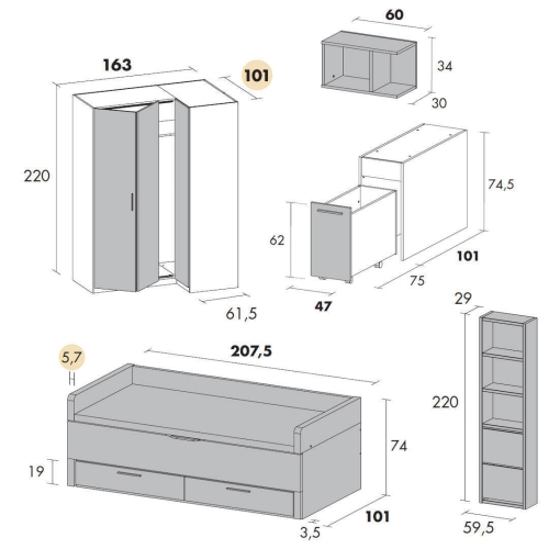 Dormitorio Juvenil Bicama y Armario Rincón Plegable ADAPT 22