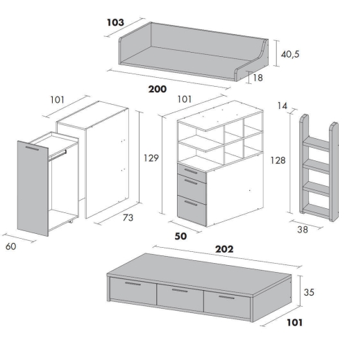 Dormitorio Juvenil Cama Tren ADAPT 43 con Cama Nido CUBE y Ropero Extraíble