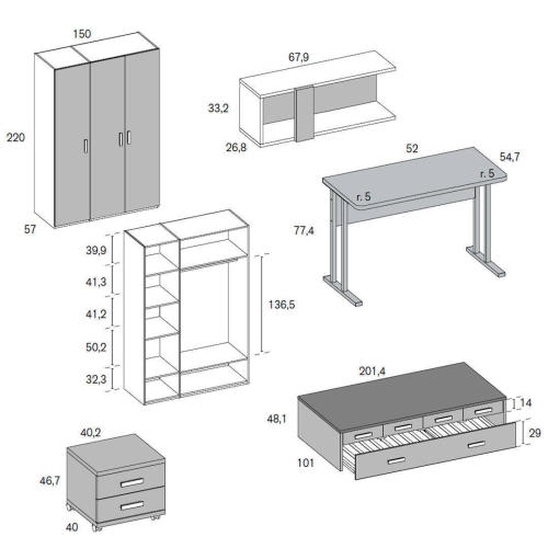 Dormitorio Juvenil con Cama Compacta y Armario MUNDO JOVEN C101