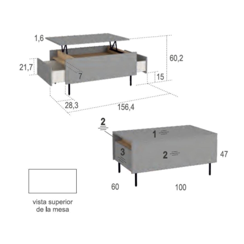 Mesa de Centro Elevable con 2 Cajones Melamina DRAWER PATA NAD ND5060