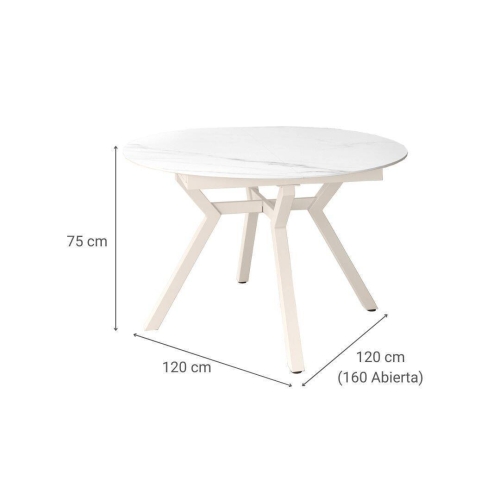 Mesa de Comedor Extensible Redonda 120 cm Marfil con Tablero Porcelánico ROSS