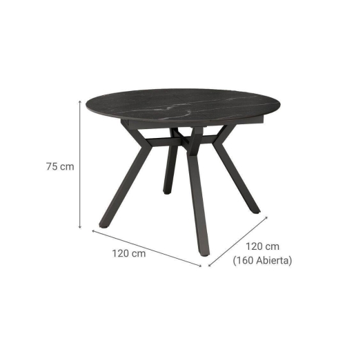 Mesa de Comedor Extensible Redonda 120 cm Negra con Tablero Porcelánico ROSS