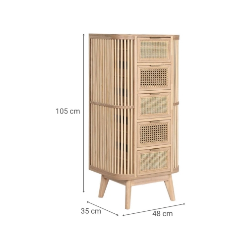 Cajonera de Madera de Abeto y Ratán Natural 5 Cajones MB-212469