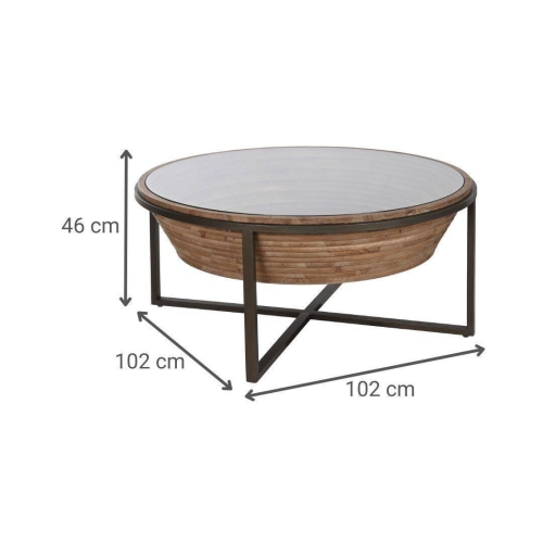 Mesa de Centro Redonda de Abeto con Cristal y Metal Negro MB-212222