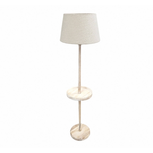 Lámpara de Pie de Madera Natural con Bandeja Redonda y Pantalla de Tela Blanca 51-215