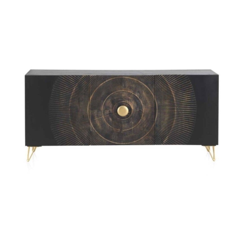 Aparador negro de madera de mango de 3 puertas y patas doradas GABAR 10692