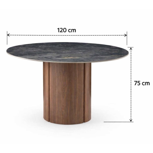 Mesa de Comedor Redonda 120 cm Nogal con Sobre Cerámico Mármol Gris GABAR 11607