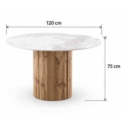 Mesa de Comedor Redonda 120 cm Roble con Sobre Cerámico Mármol Calacatta GABAR 11606