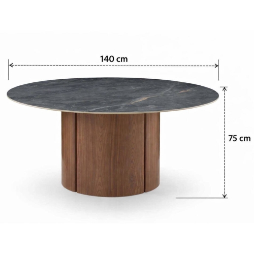 Mesa de Comedor Redonda 140 cm Nogal con Sobre Cerámico Mármol Gris GABAR 11609