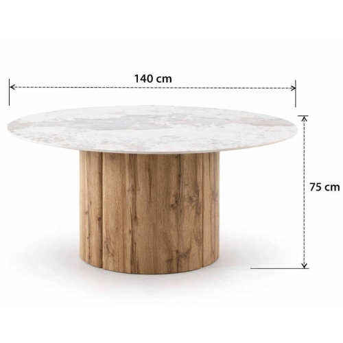 Mesa de Comedor Redonda 140 cm Roble con Sobre Cerámico Mármol Calacatta GABAR 11608