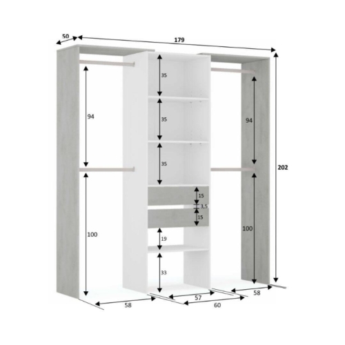 Armario-vestidor TIDY blanco y cemento con estantes, dos cajones y 4 barras 0L8552A