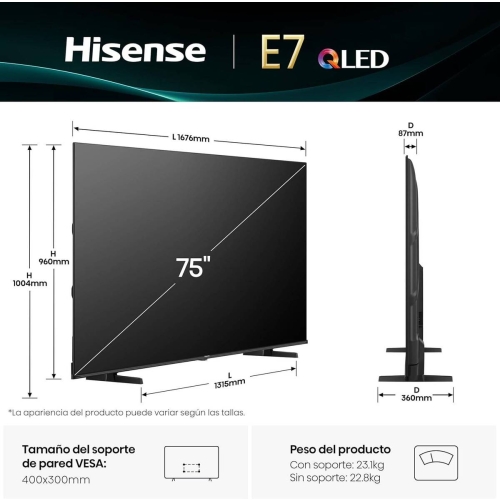 Televisor Hisense 75" QLED Smart 4K Dolby Vision Atmos 75E7KQ