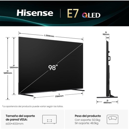 Televisor 98" HISENSE 98E7Q QLED 4K Smart TV Dolby Vision 2025