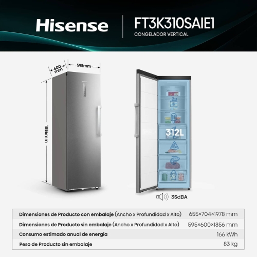 Congelador Vertical HISENSE FT3K310SAIE1 No Frost 312L Inox Display Exterior