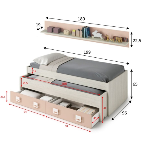 Conjunto de dormitorio NUBE de doble cama con dos cajones y estante 0M7449Y