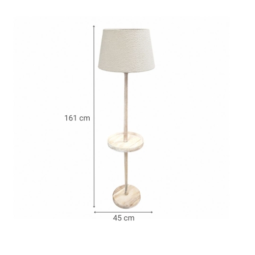 Lámpara de Pie de Madera Natural con Bandeja Redonda y Pantalla de Tela Blanca 51-215