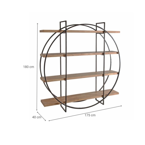Estantería de madera de acacia con 4 baldas y estructura de acero circular con acabado natural y negro 68-429