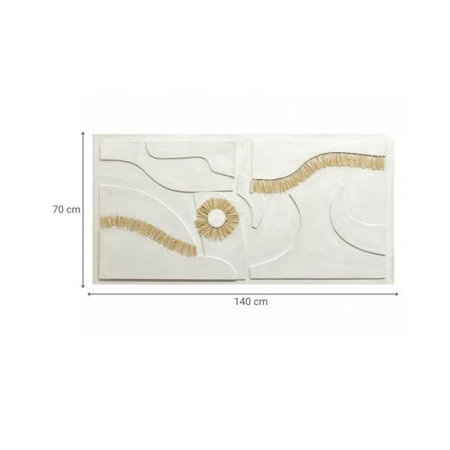Cuadro Abstracto de Lienzo con Motivos en Rafia con Detalles Dorado y Blanco 81-492