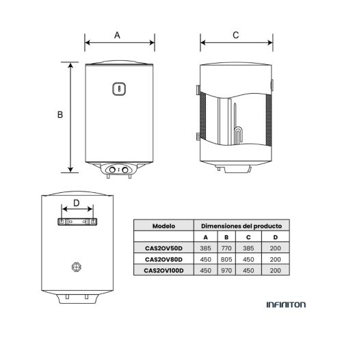 Termo Eléctrico Vertical INFINITON 50L, Resistencias Esmaltadas, Clase C CAS2OV50D