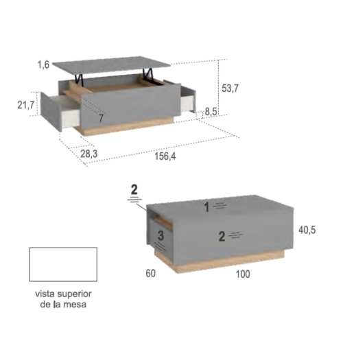 Mesa de Centro Elevable con 2 Cajones Melamina DRAWER ZÓCALO ND5055