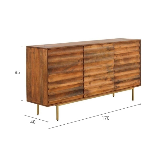 Aparador de tres puertas en madera de mango natural con patas metálicas doradas GABAR 10705