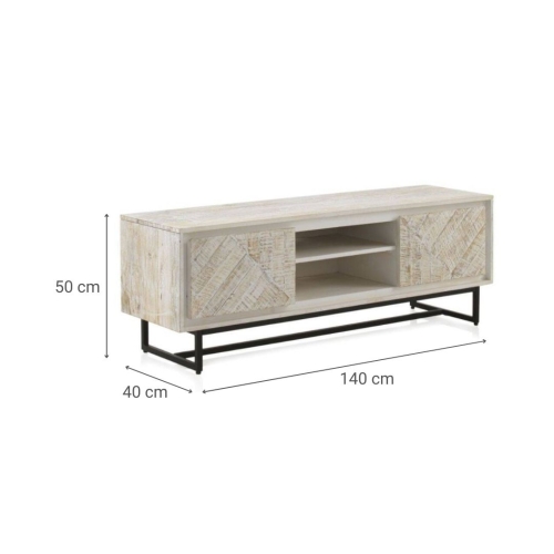 Mueble de TV de madera de mango con 2 puertas de color blanco patinado GABAR 10826