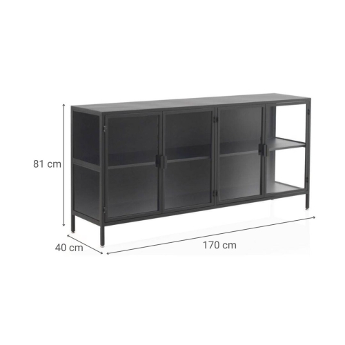 Aparador con puertas y laterales de cristal y estructura de metal negra GABAR 10867