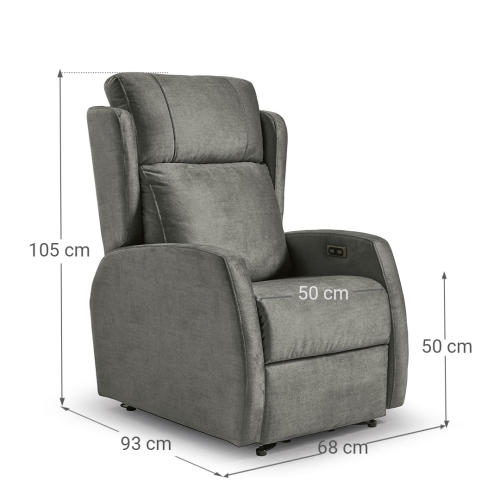 Sillón relax elevador modelo RIVER con ruedas tapizado en tela gris
